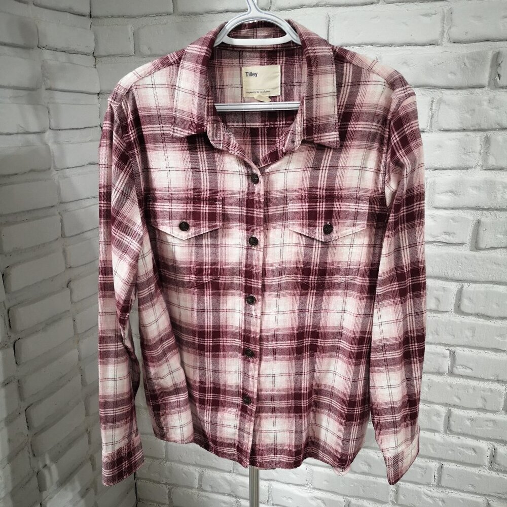 Tilley Ladies Size Large Burgundy Plaid Button Front Shirt